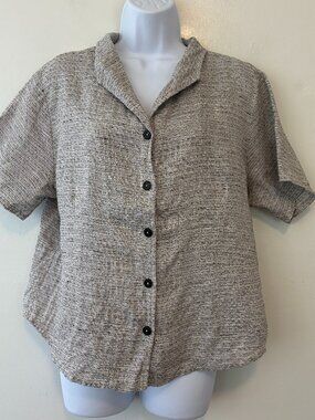 Flax Grey Short Sleeve Linen Button Shirt Womens Medium